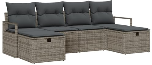 vidaXL Garten-Sofa-Set mit Kissen mit Speicher 6 pcs Grau Poly Rattan, Garten- und Terrassenmöbel, modern, rechteckig, höhenverstellbar, wetterfest, modulare Sofagarnitur