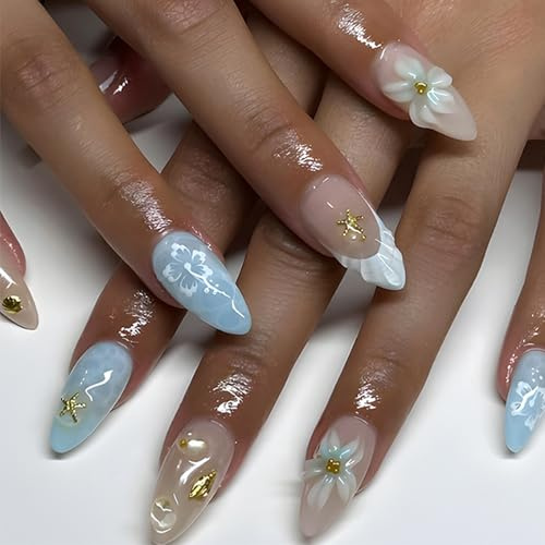 3D Gold Press On Nails – Ocean Theme Almond Shape Fake Nails with Shells & Flowers, Reusable Summer Beach Design, Easy to Apply with Jelly Adhesive Tabs,Made of Premium Eco-Friendly ABS