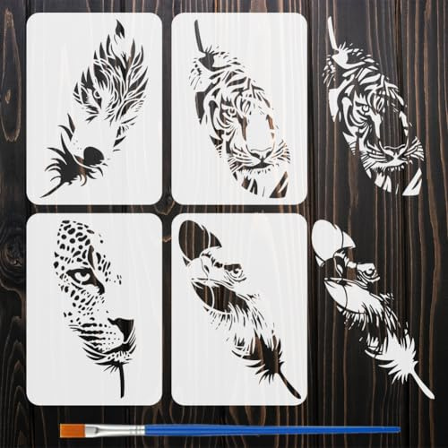 FINGERINSPIRE 4 Stück Federförmige Tiermuster Malschablone Mit Pinsel 29.7x21cm A4 4 Stile Schablonen Mit Gefiederten Tiergesichtern Dekorative Schablonen Aus Kunststoff Für Möbel Heimdekoration