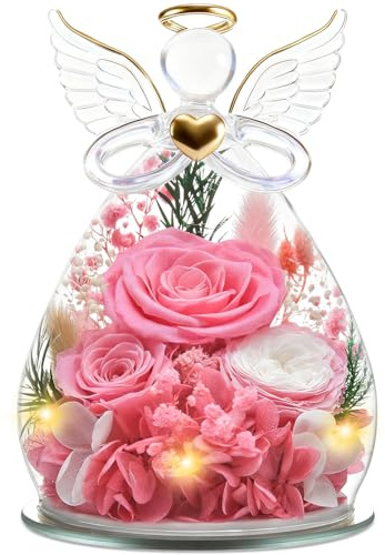 YiHuaHua Ewige Blume Engel Figur Geschenk für Frauen, Valentinstag für Sie, Muttertag, Mama Ehefrau Geburtstag, Geschenk Valentinstag Ewige Blume mit LED-Beleuchtung (Rosa und Weiß)