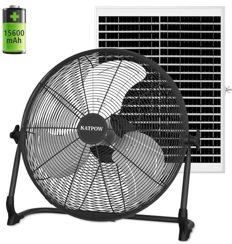 NATPOW 16 Inch Solar Powered Floor Fan, Solar Fan Greenhouse with 25W Solar Panel, Rechargeable Industrial Fan with Adapter, USB Output Charging, Cordless Cooling Fan for Camping Outdoor Shed Garage
