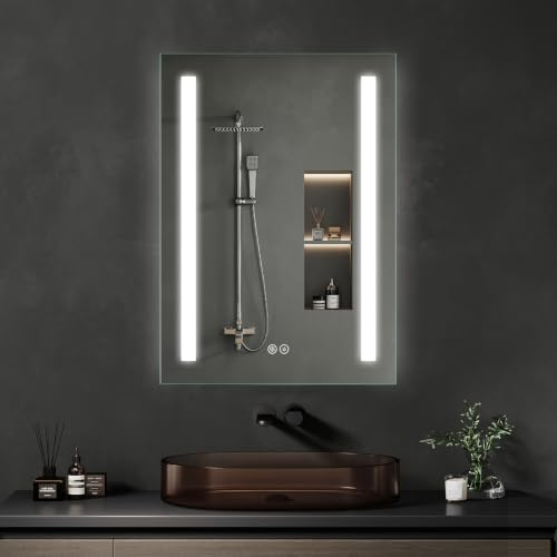 Archaluxe Badspiegel mit Beleuchtung 40x60cm : LED-Badezimmerspiegel Badezimmer-Spiegel mit Beschlagfrei, Touch-Schalter, Dimmbar, 3 Lichtfarben Entfoggen Led-Spiegel-Bad für Badezimmer