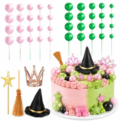 Warmhm 44 Piece Witch Cake Decorations, Pink Green Cupcake Topper Set | 40 pink and green EVA foam balls with crown, hat, broom and star wand for birthdays and Halloween tables