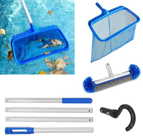GAESHOW Kit de nettoyage de piscine 4 en 1, 160 cm, détachable, ensemble d'outils de nettoyage comprenant une brosse de nettoyage, un filet d'écumoire semi-profond et un crochet pour la maison, le