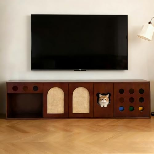Litter Box Enclosure, Litter Box TV Stand and Media Console with Storage and Cat Feeding Station, Functional Furniture with Arched Doors for Cats