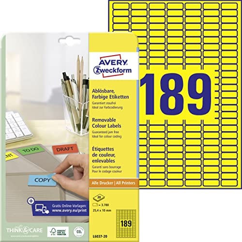 AVERY Zweckform L6037-20 Gelbe Etiketten (3.780 Aufkleber, 25,4x10mm auf A4, wieder rückstandsfrei ablösbar, selbstklebende Farbetiketten, Papier matt, bedruckbare, farbige Klebeetiketten) 20 Blatt