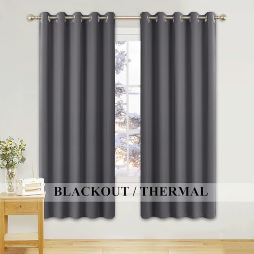 PONY DANCE Blackout Thermal Curtains 66x72 Inch for Living Room Grey Black Out Curtains Eyelet Lounge Drapes Panels for Window Treatment Bedroom/Nersery, W66 X L72, Gray, 2 Panels