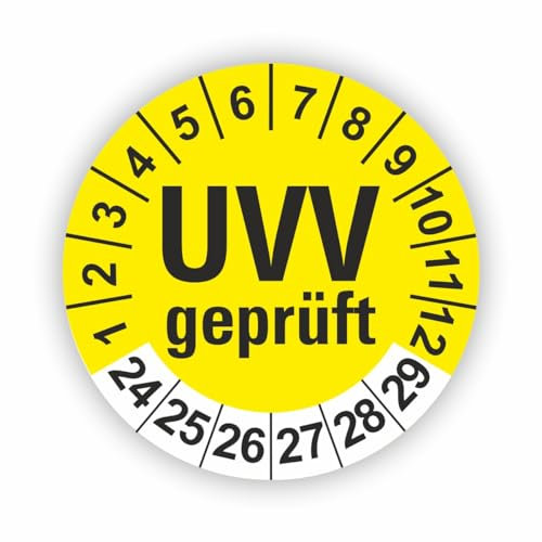 Fassbender-Druck PRÜFPLAKETTEN - Hochwertige Prüfetiketten UVV PRÜFUNG Ø 20mm - Selbstklebende PVC-Folie - Wartungsetiketten für Prüfung - Prüfplakette für Prüfungsnachweis (120 Stück)