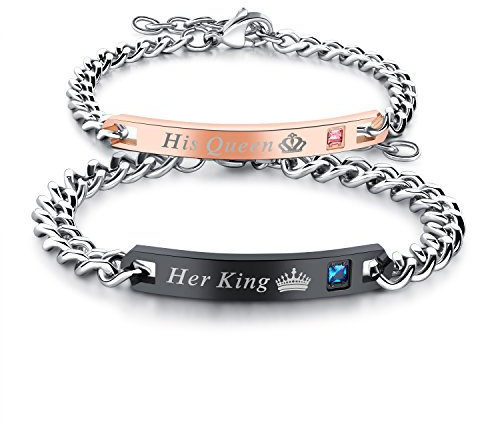JewelryWe Schmuck 2pcs Herren Damen Pärchen Armband, Lieben Freundschaftsarmband Paar Geschenk, Her King & His Queen Krone, Edelstahl Zirkonia, Schwarz Rosegold Silber, kostenlos Gravur