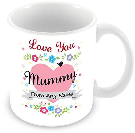 Personalised Mug with Name Mummy - Love Heart & Flowers Design Cup