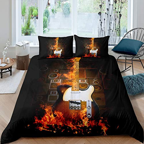 Guitar Bedding Set Rock Music Themed Comforter Cover for Kids Boys Girls Teens Fire Musical Pattern Duvet Cover Sound Speaker Bedspread Cover Electric Guitar Room Decor 2Pcs Quilt Cover Single Size
