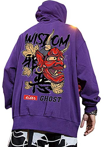 XYXIONGMAO Felpe con Cappuccio Grafica per Uomo con Cappuccio Giapponese Streetwear Oversize Nero Bianco Fantasma Hip-Hop Buono e Male, Nero, S