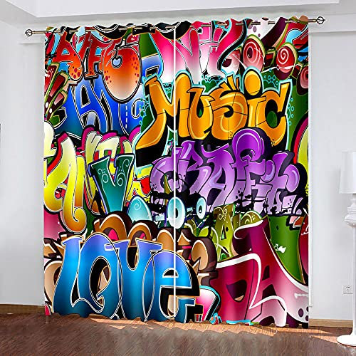 JYFDZQ Digital Gedruckte Vorhänge 150x166cm(BxL) Blickdicht Gardinen Bürovorhänge Energiesparende Geräuschreduzierende Kindergardinenbunte Graffiti-Buchstaben