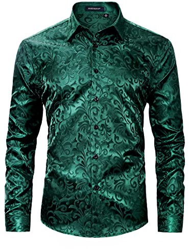 HISDERN Men‘s Silk Shirt Paisley Dress Shirts for Men Long Sleeve Button Down Wedding Party Prom Satin Tuxedo Shirts Regular Fit, Green XL