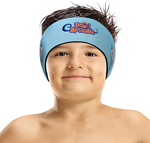 HeySplash Swimming Headband - Ear Protection and Hair Guard for Kids and Toddlers - Elastic Neoprene Guard Keeps Water Out and Holds Earplugs - Blue