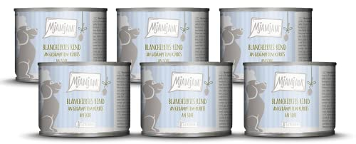 MjAMjAM - Premium Nassfutter für Hunde - blanchiertes Rind an gedämpftem Kürbis an Soße, 6er Pack (6 x 185g), naturbelassen mit extra viel Fleisch