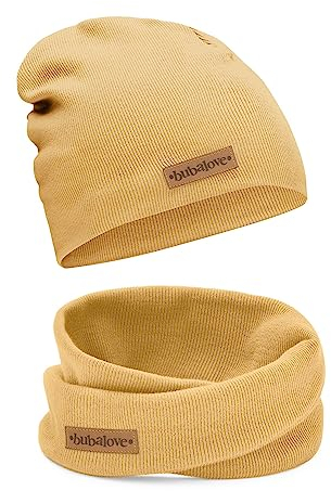 Bubalove Mützen und Schals für Jungen, Mädchen, Babys, Größen 1 Jahr bis 8 Jahre+ viele Farben, Baumwolle Kinderset Mütze und Schornstein, Baumwollmützen, (senffarben, 1-3 Jahre (42-48 cm))
