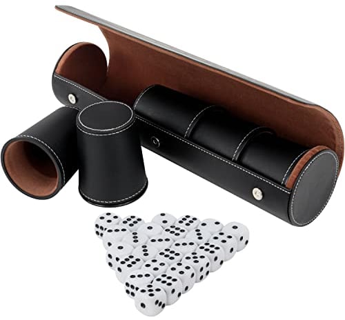 BELLE VOUS Schwarzes Würfelbecher Leder Set (5 STK) - Mit 25 Würfeln & Aufbewahrungsetui - Profi Kniffelbecher Leder Würfelbecher Schocken Set - Für Party-/Brettspiele, Verdecktes Würfelpoker & Mehr