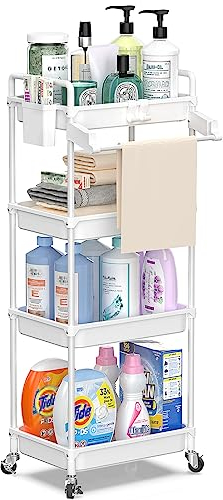 SPACEKEEPER Rolling Storage Cart, 4-Tier Bathroom Organizer Utility Cart Laundry Room Organization Mobile Shelving Unit with Towel Rack, Lockable Wheel, Hooks & Cup for Kitchen Bedroom Office, White