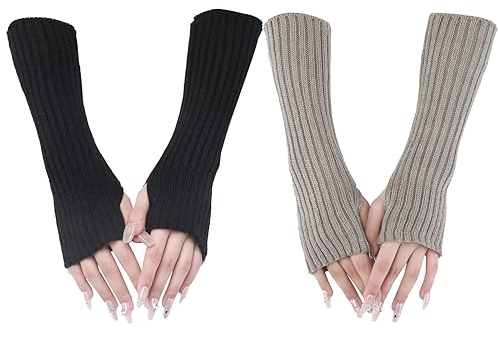 VEGCOO 2 Paar Damen Mädchen Fingerlose Handschuhe - Gestrickte Warme Winter Handschuhe - Weiche Mittellange Stretch Für Büro, Tägliche Aktivitäten (Schwarz & Hellgrau)