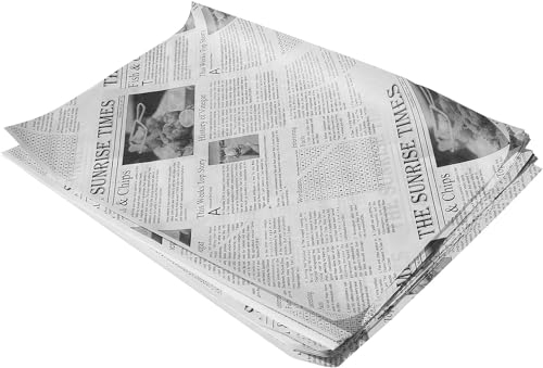 50 x Large Newspaper Design Greaseproof Paper (250mm x 375mm) - News Print Food-Grade Deli Wraps Food Display for Sandwiches, Burgers, Chips and Snacks - Oil-Resistant and Eco-Friendly Basket Liner
