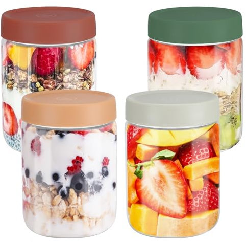 YUEYEE 4 Pcs 600 ml Bocaux à Avoine pour la Nuit,Passent au Micro-ondes pour la Préparation des Repas,Stockage,Marinage,Pots en Verre Multi Usages avec Couvercles pour Conserver Overnigh Oats Jars