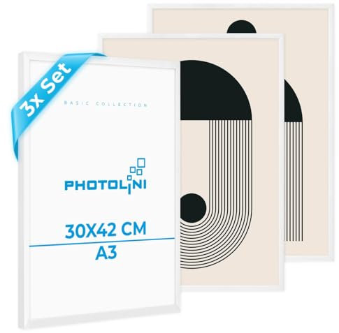 PHOTOLINI Cadre photo A3 30 x 42 cm blancs, lot de 3 cadres en plastique étroits, verre acrylique, à suspendre, avec accessoires - pour documents, diplômes, certificats et photos