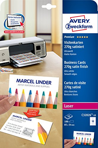 AVERY Zweckform C32026-10 Premium Visitenkarten, blanko (100 Stück, 270g, 85x54 mm, beidseitig bedruckbar, satiniert ultraweiß, absolut glatte Kanten, 10 Blatt) zum Selbstbedrucken auf Laser-Druckern