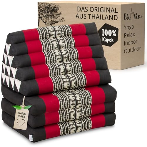 livasia Thaikissen 3 Auflagen extrahoch - 185x55x8cm - Dreieckskissen mit Klappmatratze, Kapok, Jumbo Rückenkissen faltbar, Thaimatte Klappen, handgefertigt, Meditationskissen (Schwarz/Elefanten)