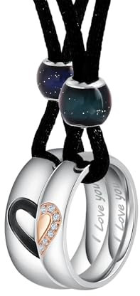 Aeici Couple Necklace Stainless Steel Heart Pendant for Him and Her Black Rope Rose Gold Cubic Zirconia Matching Set Rings