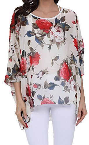 OUKIN Women Bohemian Floral Batwing Sleeve Plus Sheer Chiffon Oversize Loose Off Shoulder Blouse Tunic Tops (NStyle 16),One Size