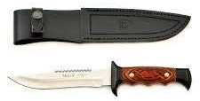 Muela Cuchillo 5161-M hoja de acero MoVa de 16 cm y empuñadura de madera prensada para Caza, Pesca, Supervivencia y Bushcraft Realizado en Ciudad Real + Portabotellas de regalo