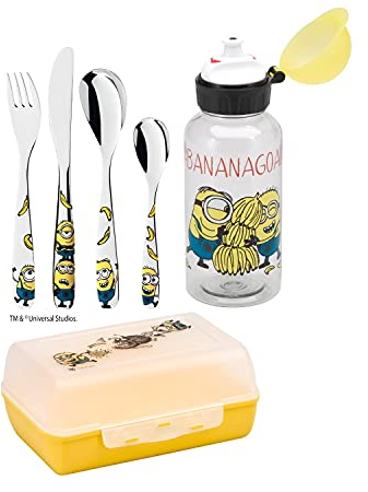 WMF Minions Kinderbesteck Edelstahl 6-teilig, mit Brotdose und Trinkflasche, ab 3 Jahre, Cromargan poliert, spülmaschinengeeignet