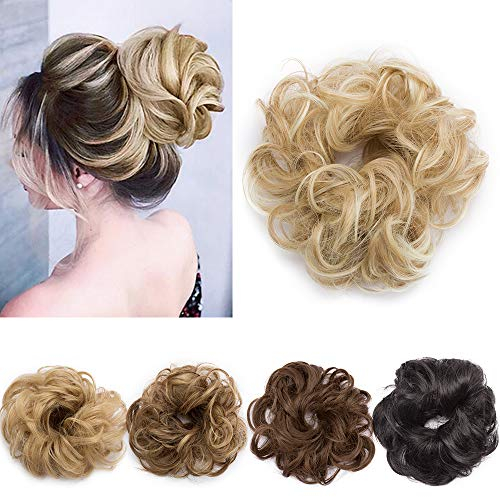 Silk-co Haarteil mit Gummiband, Dutt mit Haaren Gewellt Weich Dutt Haarteil mit Gummiband 25 g, Gelockt Haarverdickung Hair Extensions Messy Bun Hochsteckfrisuren Dunkelblond & Bleichblond