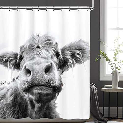 LIGHTINHOME Highland Cow Bull Duschvorhang Western Country Farm Tier 60W x 72H Wildlife Lustige Portrait Sketch Fabric Wasserdicht Badezimmer Home Decor Set 12 Kunststoffhaken