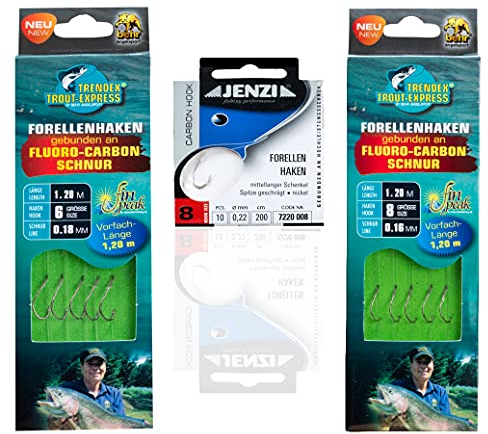 MiRoeFishing Premium Forellen Angehalkenset mit gebundenen Haken an Fluoro-Carbon Schnur + Sbirolino Carbon Haken insgesamt 20St.