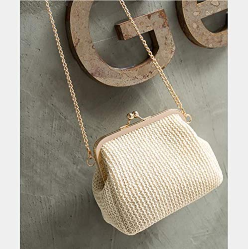 Sac De Soirée Femme Pochette De Paille Faite À La Main Fourre-Tout Vintage Femmes Sac De Soirée Sac À Main De Fête Portefeuille Plage Sac À Main Chaîne Dame Sac De Messager-Blanc Cassé