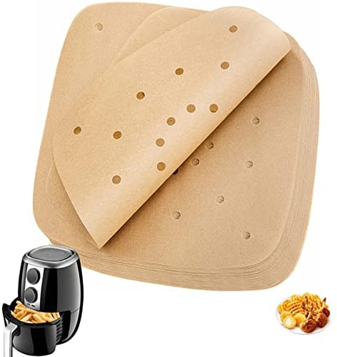 SHULLIN 100 Pcs Air Fryer Parchment Paper Liners 7 Inch Air Fryer Liners Unbleached Perforated Parchment Paper Sheets Air Fryer Paper Liners Disposable Non Stick Baking Parchement Paper Steam Paper