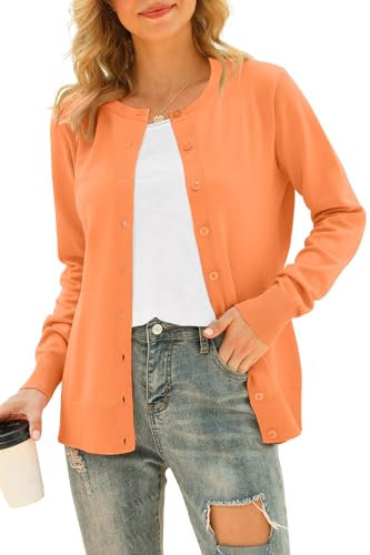 YUNDAI Womens Cardigans Long Sleeve Open Front Knitted Cardigan Button Round Neck Sweater Lightweight Solid Color Jumper