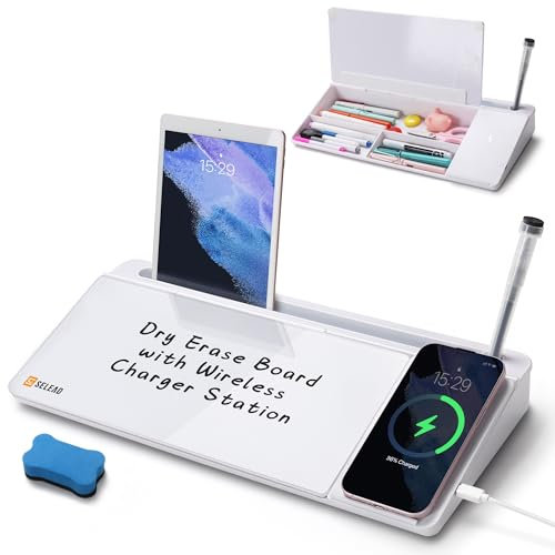 SELEAD Desktop Glass Whiteboard with Wireless Charger Station, Dry Erase Board Computer Pad Keyboard Stand with Organizer for Home, School, Office Desk Accessories, White