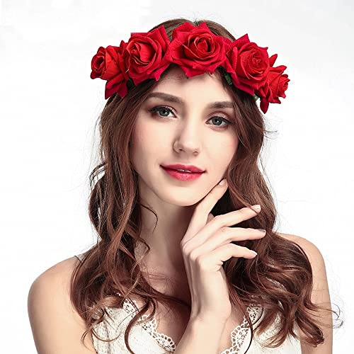 Bandeau Couronne Halloween pour Femme Rose Serre Tête Floral Guirlande Fleur Cheveux Couronne de Fleurs Bandeau Cheveux Mariage Accessoires pour Fête Party Festival Beach Travle