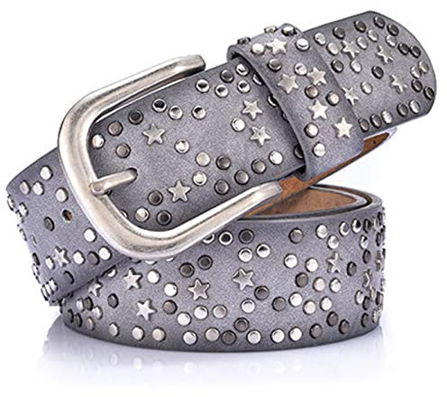 Damen Ledergürtel Mit Nieten in Runder & Sterne Anordnung Für Punk Rock Biker Rocker Hip Hop Oder Jeans Hosen Kleider,Grau,110cm/waist:36~38
