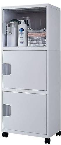 Glasvitrine Regal mit Rollen und Schubladen, Badezimmerschränke Standregal für Schlafzimmer, Wohnzimmer, Küche, Speisekammer, Home Office