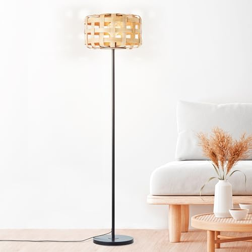 Lightbox Nature Stehlampe - 1,4 m Höhe, Ø 36 cm - Nature Standleuchte mit Fußschalter & Korb Schirm aus Bambus - E27, max. 60 W - aus Metall/Bambus - in Natur/Schwarz