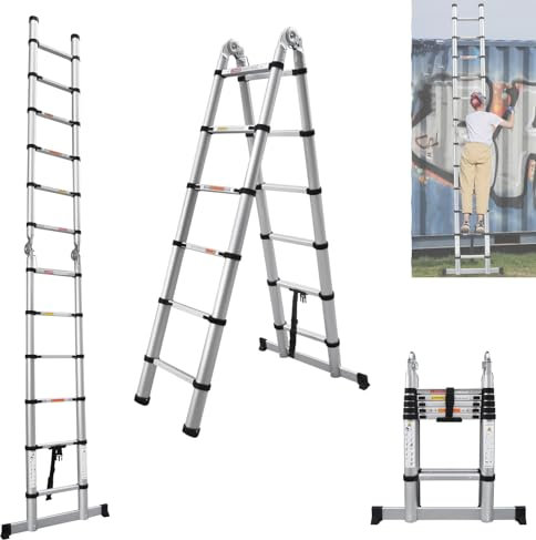 Scala telescopica 3,8 m, prolunga pieghevole, portata 150 kg, scala telescopica multiuso per la casa, con piedini antiscivolo e asta stabilizzante, altezza 86,5 cm (alluminio)