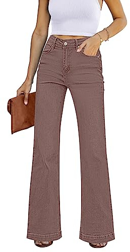Roskiky - Pantalons en jean élastiques pour femme, taille haute et jambe large, Noix de muscade, S