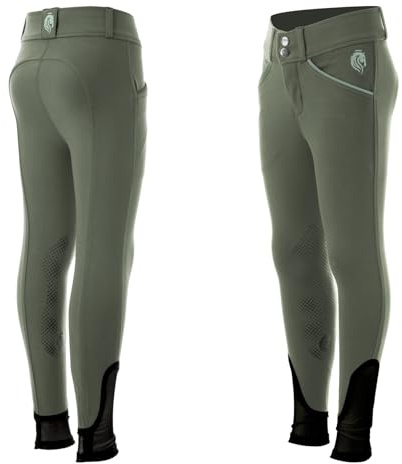 Equinavia Greta Kids Premium Equestrian Riding Pants | Silicone Knee Patch Breeches - Agave Green/Green - 14