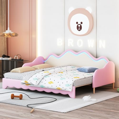 MQLAE Kinderbett Polsterbett 90/180190cm, 2-in-1 Multifunktions-Schlafsofa, Tagesbett Ausziehbar aus Kunstleder mit LED-Beleuchtung, Bett mit Lattenrost, ohne Matratze (Rosa)