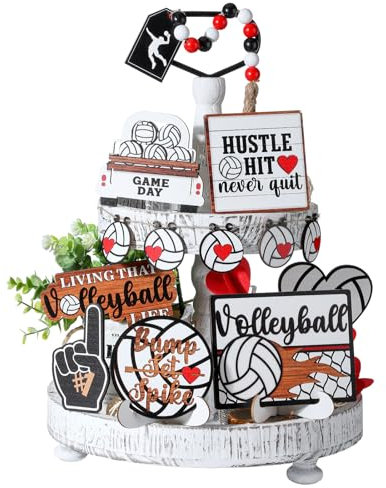 FairySandy 13 vassoi a più livelli per pallavolo, decorazione in legno da pallavolo, centrotavola rustico, in legno, per fan di pallavolo, forniture per feste a tema