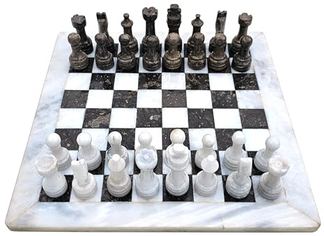 Marmor Schachspiel Schachbrett 12 Zoll/ 30 cm inkl. 32er Schachfiguren Farbe Weiss - Anthrazit Beige Naturprodukt Handarbeit Geschenkidee